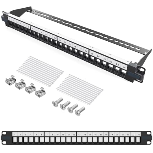 hb-digital 24 Port Patchpanel Verteilerfeld Patchfeld Modular für RJ45 Keystone Module 19 Zoll CAT 5 CAT 6 CAT 7 für Netzwerkschrank LAN Professional TIA568A TIA568B Switch Erdungskabel - Schwarz