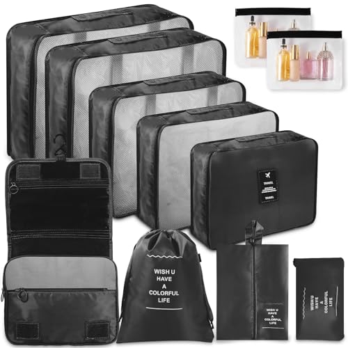 WECUTE Koffer Organizer Set, 11-Teilige Packing Cubes Set, Wasserdichte Reise Kleidertaschen,Koffer Organizer für Urlaub und Reisen, Packwürfel Set Reise Würfel (Schwarz)