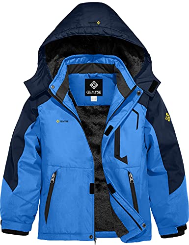 GEMYSE Jungen Wasserdichte Skijacke Winddichte Fleece Outdoor Winterjacke Regenjacke mit Kapuze (Himmelblau Navy,152-158)