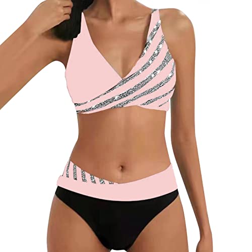 Allegorly Damen Bikini Set Triangel Breites Unterbrustband Bademode Zweiteiliger Badeanzug Wickeloptik Lace Up Bikini Bademode V Ausschnitt Blumenmuster Zweiteiliger Badeanzug Swimsuit (M)