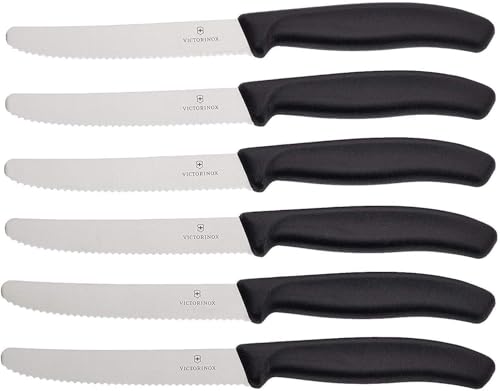 Victorinox Swiss Classic Tomatenmesser, Brotzeitmesser, 6-teilig, Scharfe Klinge, Wellenschliff, 11 cm, Rostfreier Stahl, schwarz