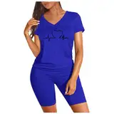 Zweiteilige Damen-Outfits für Damen, kurzärmeliges Shorts-Set mit V-Ausschnitt Fitness Hausanzug Damen Sommer Hausanzug Damen Elegant Damen Jogginganzug Damen Sportanzug Damen Schlafanzug (Blue, S)