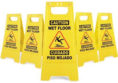 XPCARE Warnschild, Aufschrift "Caution Wet Floor", zweisprachig, doppelseitig, gelb, 61 cm, 5 Stück