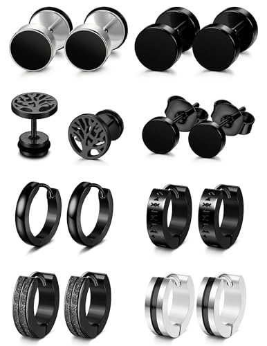 YADOCA 8 Paare Herren Ohrringe Schwarz Edelstahl Hypoallergen Ohr Piercing Creolen für Männer Jungen, A