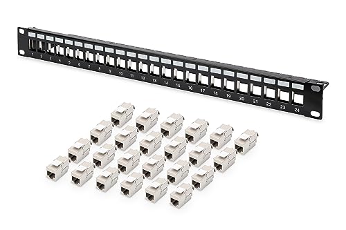 DIGITUS Patchpanel – Modular – 19-Zoll – 24-Port – Geschirmt – Rack-Montage 1HE – Schwarz – Mit 24x Cat6A Keystone-Modul