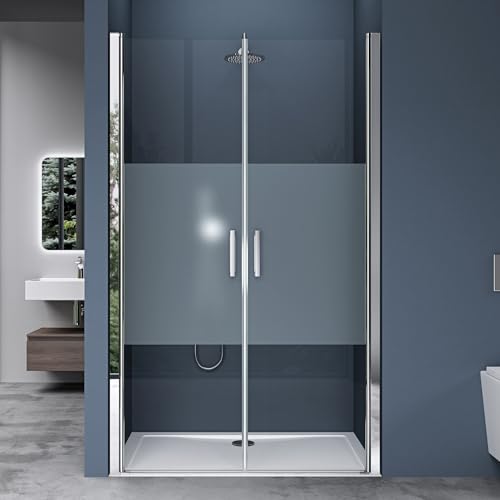 doporro Duschtür Nischentür dusche Duschabtrennung Duschkabine 95cm Nischendrehtür 195cm ESG-Sicherheitsglas Duschtür mit Milchglas-Streifen Drehtür mit Hebe- und Senkmechanismus Teramo24MS