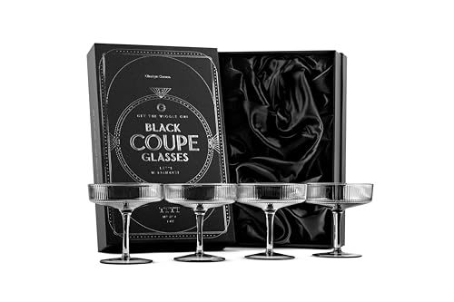 GLASSIQUE CADEAU Vintage Art Deco Schwarze Gerippte Coupe Gläser | 4er Set | 200 ml Rauchige Cocktailgläser für Champagner, Espresso Martini, Daiquiri | Kristall Rauchgrau Champagnerschalen