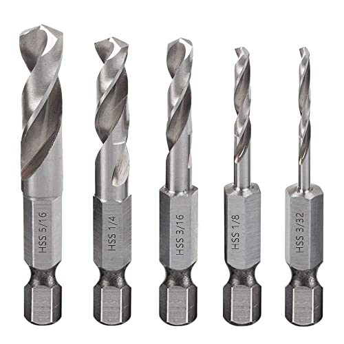 Saipor 5 Stück 1/4" Schnellwechsel Sechskantschaft Metallbohrer Kurzer Bohrer Satz HSS M2 für Winkelaufsatz und Verwendung in Enge Räume, 3/32, 1/8, 3/16, 1/4, 5/16 Zoll