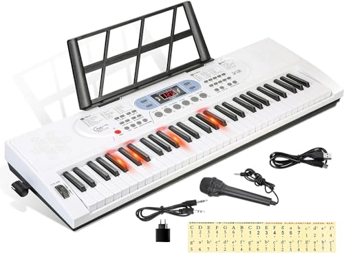 Hricane 61 Tasten Piano Keyboard mit Mikrofon Notenständer & Klaviernote Elektronische Digitale leuchttasten kibord, Geschenk für Anfänger Jungen Mädchen Erwachsene Männer Frauen, HEP-669W