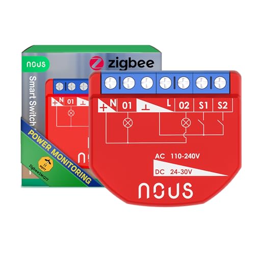 NOUS ZigBee Smart Switch Module mit Leistungsmessung, 2 Kanäle, AC 16A/DC 10A, Trockenkontakte, 3.0 Hub erforderlich, Kompatibel mit Alexa, Zigbee2MQTT, Google Assistant, Home Assistant, Tuya