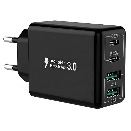 USB C Ladegerät, 40 W 4 Ports USB C, Schnellladeblock Dual Port PD+QC, Multiport Typ C Ladegerät kompatibel mit iPhone 11/12/13/14/15/Pro Max/XS/XR/8/7/Samsung Telefon/Tablet