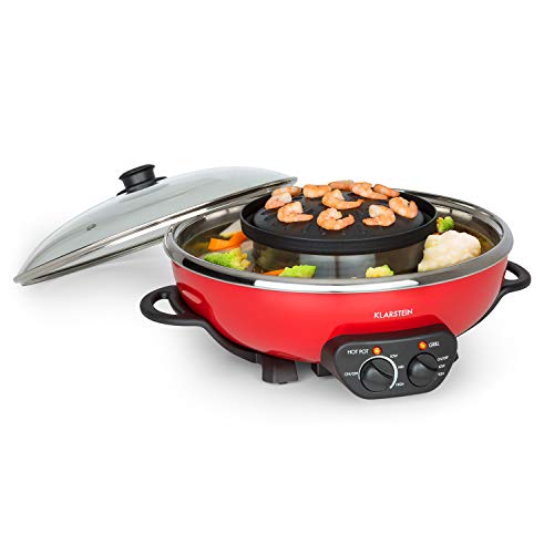 Klarstein Szechuan - Hot Pot und Grillplatte, Hot Pot Topf Volumen: 5 Liter, Hot Pot Grill 1350 Watt / 38 cm Ø, Grillplatte: 600 Watt / 22 cm Ø, Heizelement aus Aluminium, rot