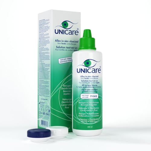 Unicare All-in-One-Lösung für harte Linsen | 200 ML | Natürliche antimikrobielle Wirkung | Kostenloser Monatslinsenbehälter | 90 Tage Frische | Kompatibel mit allen harten, RGP-Linsen | Hygiene