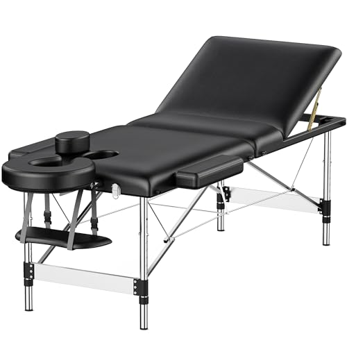 Brelley Massageliege Klappbar 3 Zonen 70cm Breit Höhenverstellbare Kosmetikliege Massagebank, Aluminium Tattoo-Tisch mit Kopfstütze & Armlehnen & Tasche Schwarz