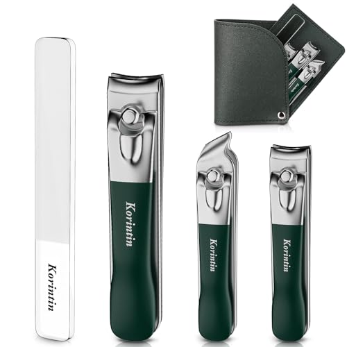 Korintin Nagelknipser Set 4 Stück, Edelstahl Nagelknipser mit Feile und Lederetui, Nail Clipper Set für Männer & Frauen, Maniküre & Pediküre Werkzeuge (Grün)