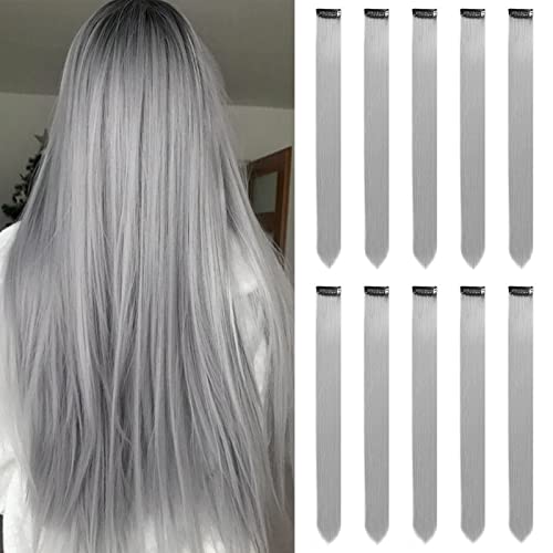 Grau Haarverlängerungen Clip In für Mädchen 22 Zoll bunte gerade Haarverlängerungen für Party Highlights gefärbtes Haar Zubehör Haarteile für Kinder Frauen(10 PCS Grau)