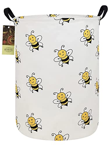 HUNRUNG Laundry Hamper,Large Canvas Fabric Lightweight Storage Basket Toy Organizer Dirty Clothes Collapsible Waterproof for College Dorms, Children Bedroom,Bathroom（Round Bee）