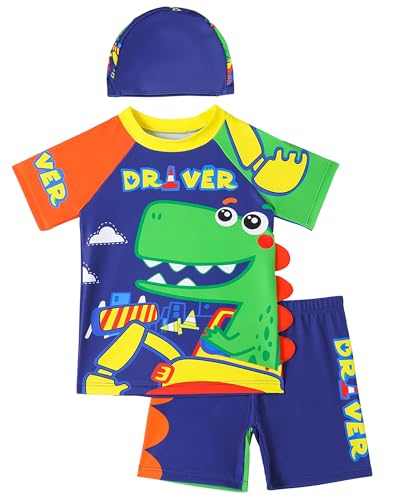 SEAUR Kinder Jungen Schwimmshirt Badehose Kurzarm Rash Guard mit Badekappe Badeset UV Schutz 3 Teilig Badeanzug - 6-7 Jahre