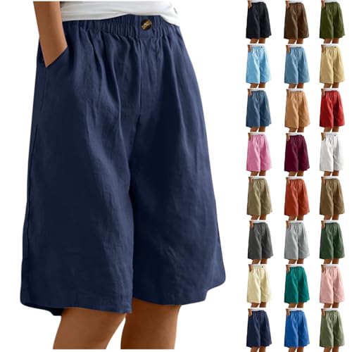 EMATOP Kurze Leinenhose Damen Sommer Leicht Shorts Knielang Stoffhose Casual Baumwolle Leinen Hose Luftig Locker Strandhose Elegant Einfarbiges Sommerhose Weites Hosen mit Taschen Sporthose