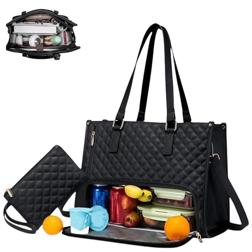 Generisch 2 In 1 Tote Bag Lunch Bag Combo, 3 In 1 Lunch Tote Bag For Women, Laptop Tote with Insulated Lunch Compartment, Stylish Work Purse with Cooler Pocket (Black)