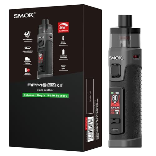SMOK RPM 5 Pro Pod Mod Kit, 80W Leistung, stufenlose Luftstromregelung, 0.96" TFT-Display, 6.5ml Kapazität, Typ-C-Ladung, schwarzes Leder (externe 18650-Batterie nicht enthalten) Kein Nikotin