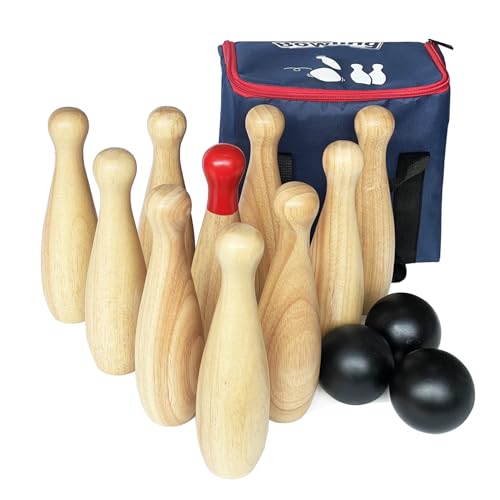 Holzspiel-Set, Rasen, Bowling, Hartholz, 10 Pins & 3 Bälle in einer Tragetasche (23 cm hoch, natur)