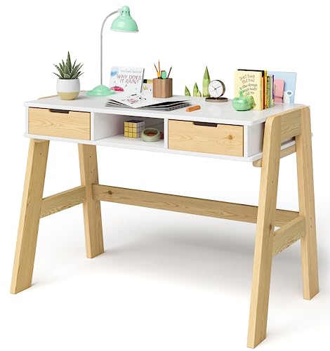 Bellabino Campo Kinderschreibtisch höhenverstellbar aus Holz in weiß/Natur mit 2 Schubladen 1 Ablagefach und 3 Aufbewahrungsfächern, Schreibtisch für Kinder, 75 x 63 x 93 cm