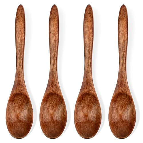 Jeffdad Honiglöffel Holz, 4 Stück Handgefertigter Holzlöffel Klein Natürliches Nanmu Suppenlöffel Mischen Rühren Kochen Wooden Spoon für Heiße Schokolade Honig Kaffee Tee Küchenzubehör (4 Stück Braun)