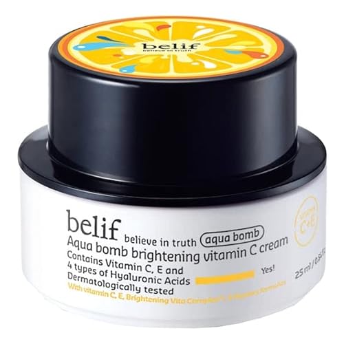 Belif Aqua Bomb Brightening Vitamin C Cream 25ml, Aufhellend Feuchtigkeitscreme, Hyaluronsäure Vitamin C+E, Vegan Gesichtscreme, Alle Stumpfe Müde Haut, Tagescreme Gesichtspflege, Koreanische