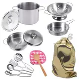 GOLCUGYJH Edelstahl Pretending Cooking Utensils Kochgeschirr Set, Mini Play Kitchen Zubehör, Spielen Töpfe und Pfannen Spielzeug in einem goldenen Stoffbeutel für Kinder Kleinkinder verpackt