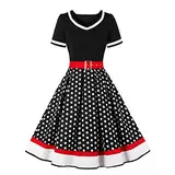 Rockabilly Kleider Damen 50er Jahre Petticoat Kleid Vintage Audrey Hepburn Kurzarm V-Ausschnitt Polka Dot Swing Coctailkleid Hochzeit Gast Festlich Knielang Sommerkleid Abendkleid Schwarz M