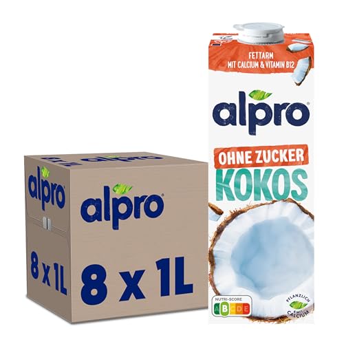 Alpro Kokosnussdrink ohne Zucker – Ohne Süßstoffe – Vegan und milchfrei – Von Natur aus laktosefrei und fettarm – Reich an Calcium und Vitaminen – 8 x 1 L
