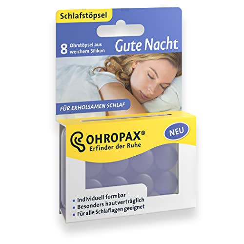 OHROPAX Gute Nacht - Ohrstöpsel aus weichem Silikon - zum Lärmschutz beim Schlafen - individuell formbar - wiederverwendbar - 1 x 8 Stück