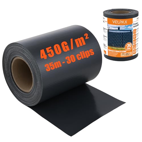 VELPAX PVC Sichtschutzstreifen, 35 m x 19 cm Zaunfolie Sichtschutz Windschutz mit 30 Befestigungsclips,450g/m² Sichtschutz Rolle Doppelstabmatten Zaun für Gartenzaun, Balkon, Anthrazit