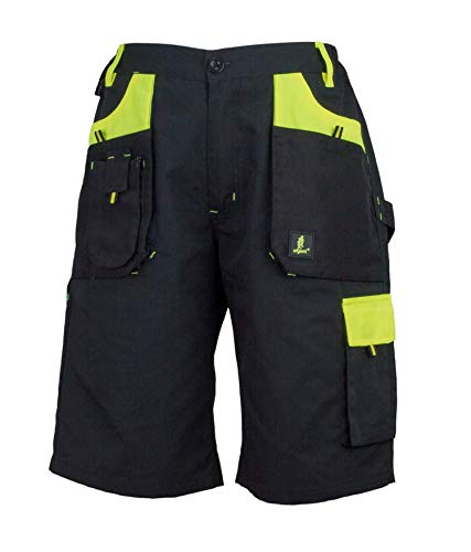 Urgent URG-Y Kurze Arbeitshose Herren reflektierend Shorts Kurz Hose Schutz für Maler Stuckateur Monteur Gärtner Mechaniker Cargohose Taschen leichte Damen Schutzkleidung; schwarz mit gelb; (48)