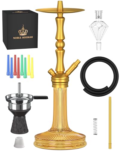 NOBLE HOOKAH 77cm Shisha Set Komplett aus Aluminiumrohr mit 1 Anschluss und komplettem Shisha Zubehör - Shisha Kopf, schöne Glasvase, Melassefänger, 1 Schlauch und Griff (Gold)