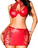 EVELIFE Dessous Damen Sexy Unterwäsche V-Ausschnitt Minikleid Clubwear Lack und Leder Outfit Damen Kinkywear Damen Party Sexy Lingerie Set Mesh-Spleiß- und Banddetails (Rot, M)