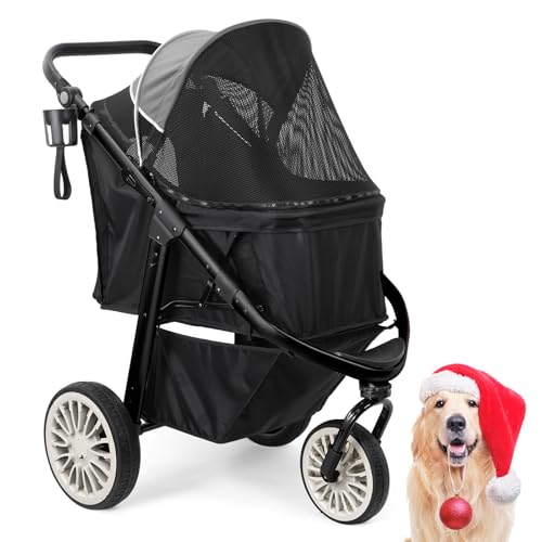 DAISTERN Hundebuggy bis 30 kg, Klappbarer Aluminium-Hundewagen, Gepolsterte Liegefläche, Schwenkbares Vorderrad, Große Hinterrad, Hinterradbremsen, Verstellbarer Griff, Sicherheitsleine, Grau