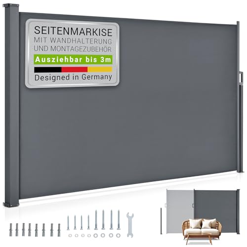 Juskys Seitenmarkise Dubai 200 x 300 cm ausziehbar Blickdicht, Sichtschutz für Balkon & Terrasse, Seitenrollo mit Wandhalterung - grau