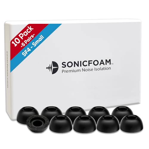 SONICFOAM Memory-Schaum-Ohrhörer-Aufsätze – Prämie Geräuschisolierung, Ersatz-Ohrhöreraufsätze aus Schaumstoff, 10 Stück für In-Ear-Kopfhörer (S4 Klein, Schwarz)