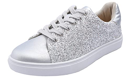 Feversole Women's Featured Glitter Lace-Up Sneaker,Kleid Turnschuhe Party Bling Casual Flats Verzierte Schuhe, Hellgoldene Glitzer-Schnürschuhe