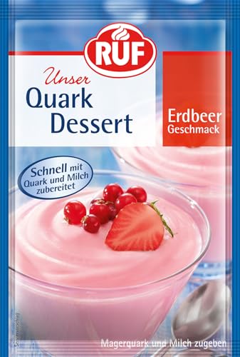 RUF Quark Dessert Erdbeer, Milchshake Pulver Erdbeere, super cremige Quarkspeise mit fruchtigem Erdbeer-Geschmack, fertig in 3 Minuten