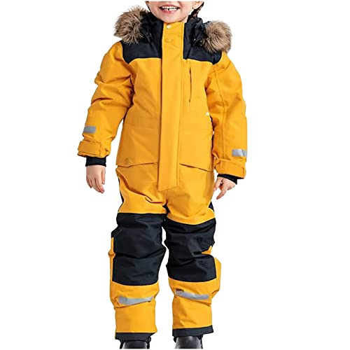 SKAJGL Schneeanzug Kinder Unisex Verdickt Warm Schneeoverall mit Kapuze und Taschen Skioverall Wasserdicht und Winddicht Winteranzug (DE/NL/SE/PL, Alter, 10 Jahre, 11 Jahre, Regular, gelb)