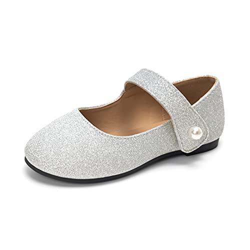 HEVA Klassische Mary-Jane-Schuhe für Mädchen mit Klettverschluss, Flache Schuhe für Hochzeitskleider Schulschuhe(10.5UK 29EU,Glitzersilber)