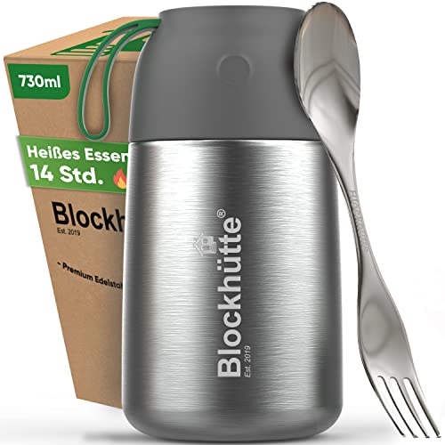 Blockhütte Edelstahl Thermobehälter für Essen I 730 ml I mit Löffel, Thermo Lunchbox für Kinder, Erwachsene, Suppen, Babybrei Warmhaltebox, To-Go Suppenbehälter, Thermobox Mittagessen