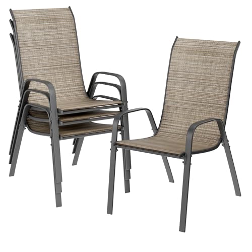 LIFERUN Gartenstühle Stapelstuhl Camping Stapelbar Hochlehner Terrassenstuhl Textilene Stahlgestell für Gärten Innenhöfe Balkone Restaurants 150 kg Belastbar 54 x 69 x 93cm (4, Flachsbraun)