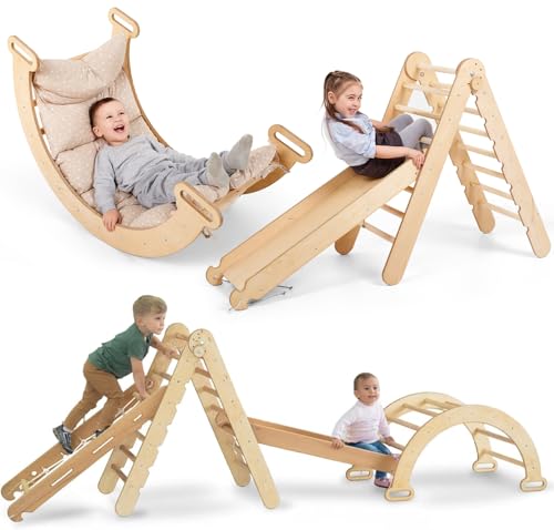 Goodevas 5-in-1 Indoor Klettergerüst für Kleinkinder - Dreiecksleiter, Kletterbogen & Kletterrampe & Netz, Kissen, Montessori Klettergerüst, Kinder Holzspielplatz, für Kinder von 1-5 Jahren