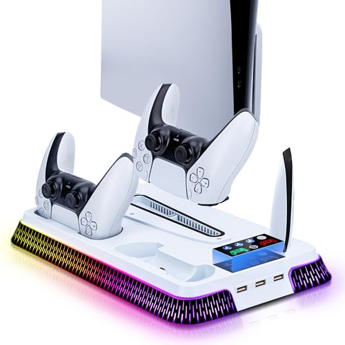 Wigearss PS5/PS5 Slim/PS5 Pro Kühler Standfuß mit Dual Controller Ladegerät, PS5 Controller Ladestation Standfuß mit Lüftert, RGB Licht für PS5/PS5 Slim/PS5 PRO UHD/Digital Edition