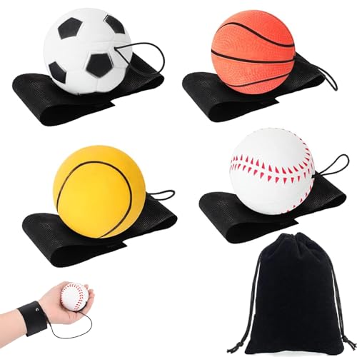 ARROMI 4 Stück Ball Mit Schnur Kinder, Ball Mit Schnur, Ball Mit Gummiband Handgelenk, Springball Mit Schnur, Für Kinder Handgelenkübungen Softball, Baseball, Basketball, Fußball