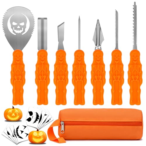 COOLUCK Kürbis Schnitzset mit Vorlagen, 7 Stück Halloween Schnitzwerkzeug Kürbis Carving Set mit Tragetasche und 10 Stück Schnitzvorlagen, DIY Kürbis Schnitzen Tool für Erwachsene und Kinder